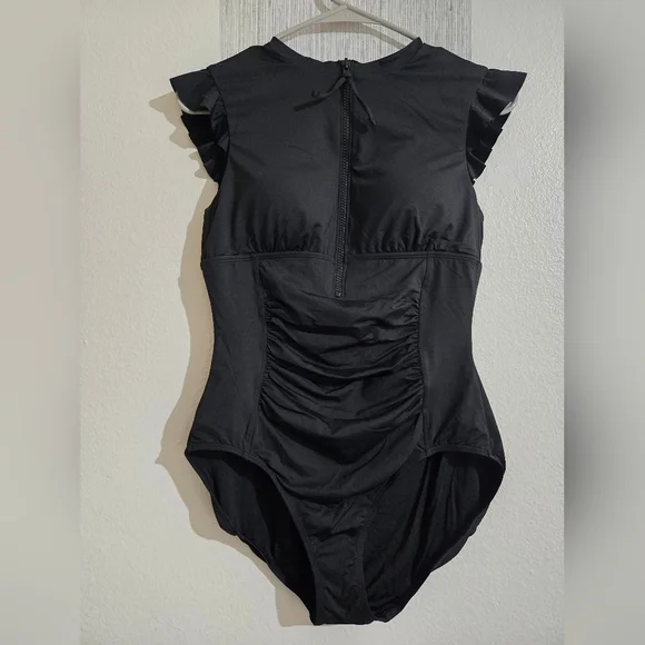Anne Cole Black Zip-Front Ruffle Sleeve One-Piece Swimsuit - Picture 4 of 7